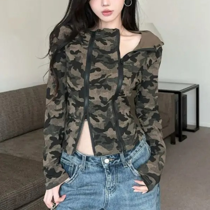 Women'S Fashion Zip Up Hoodies - Женская камуфляжная толстовка на молнии, укороченная