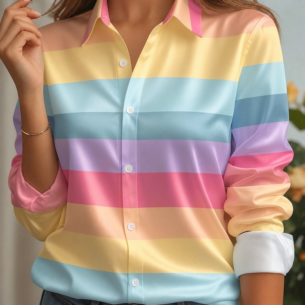 Women Fashion Blouse - Женская атласная блузка с отложным воротником,