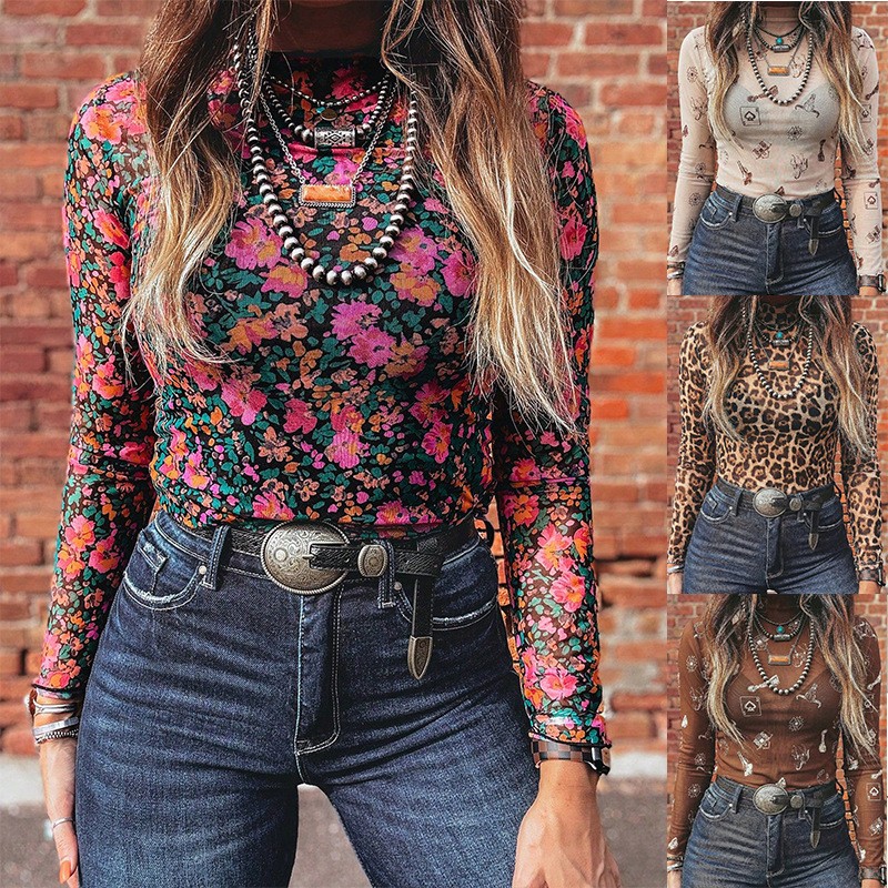 Women Fashion Blouse - Женская осенняя сетчатая водолазка с длинным