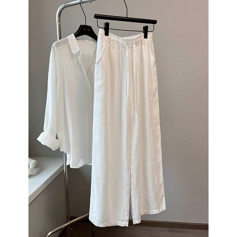 Wide Leg Palazzo Pants - Корейский комплект из белой хлопковой льняной