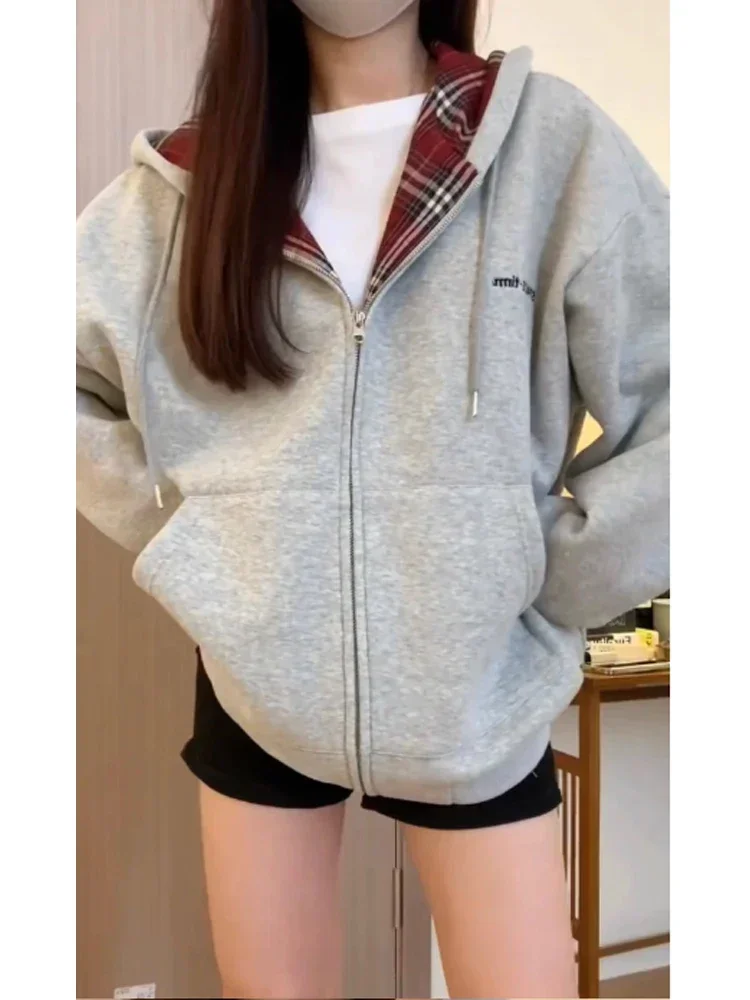 Women'S Fashion Zip Up Hoodies - Harajuku 90-е эстетические красные клетчатые толстовки,