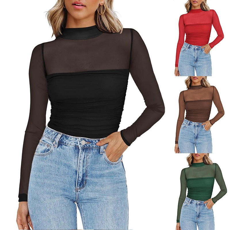 Women Fashion Blouse - Женская однотонная прозрачная сетчатая блузка с